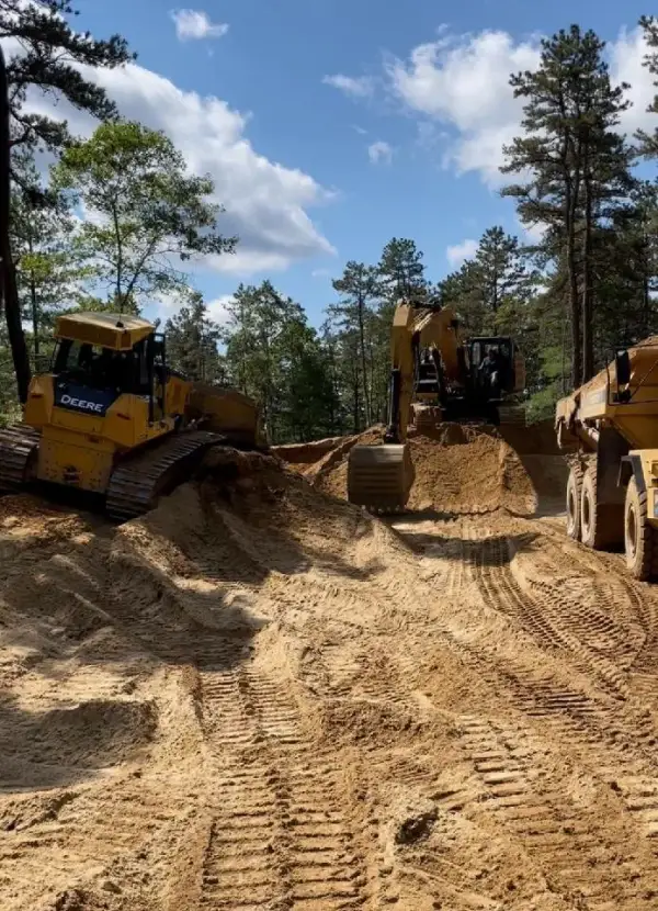 Bulldozers grading a sandy site among pines
